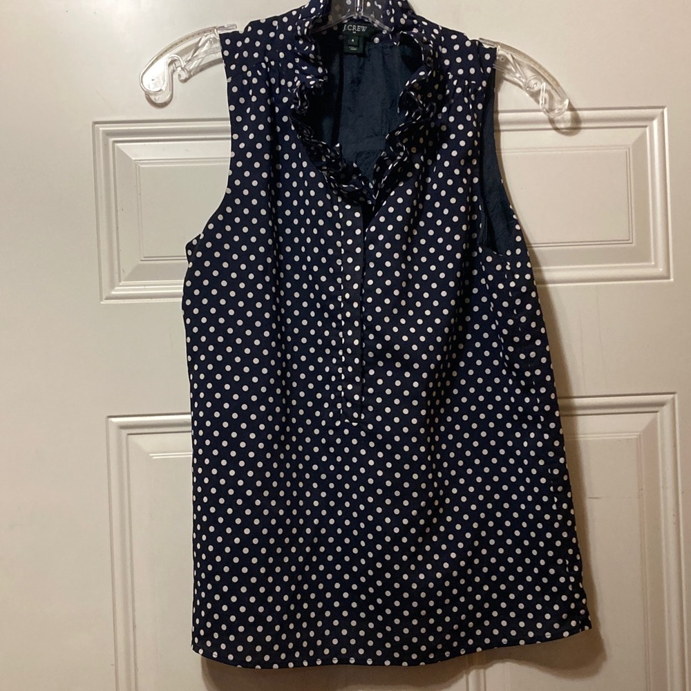 J. Crew Navy and White Polka‎ Dot Ruffle Blouse 4